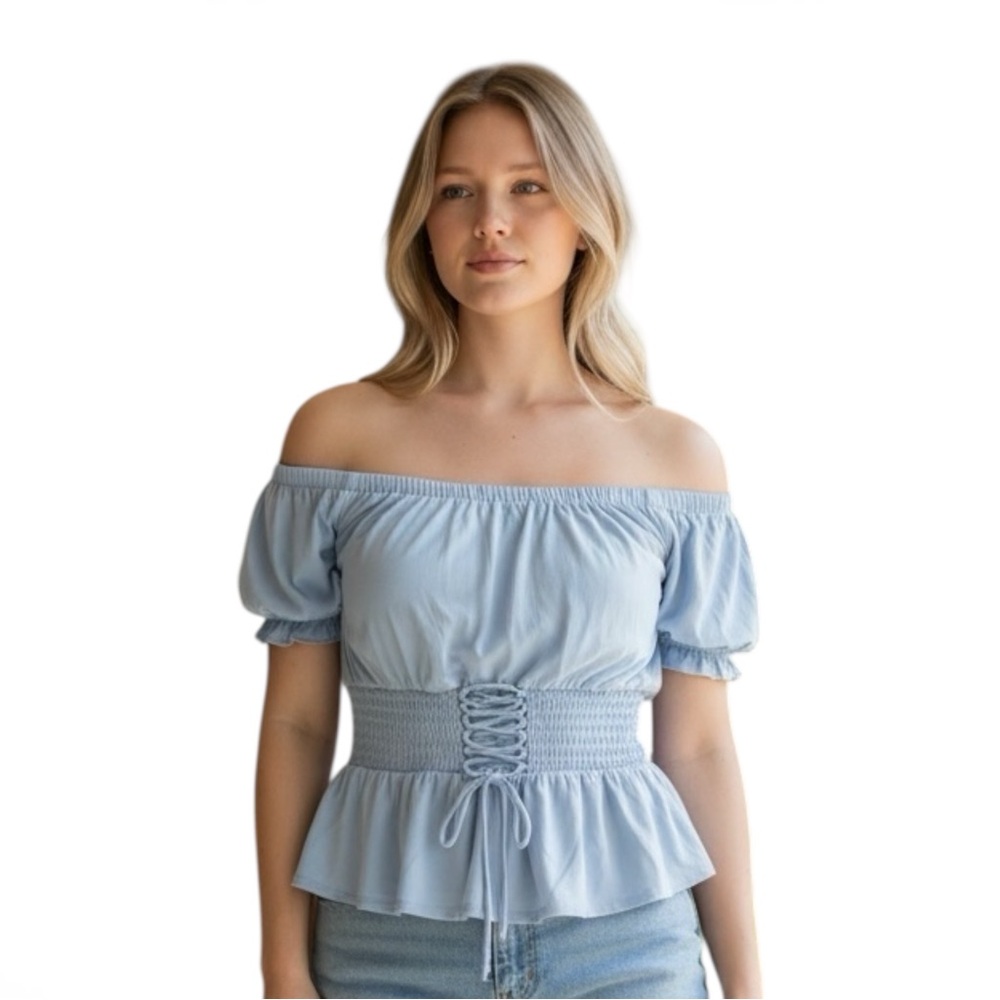 NWT Express Off-Shoulder Top Lace-Up Baby Blue‎ Smocked Waist Size Medium Blouse - Picture 2 of 13